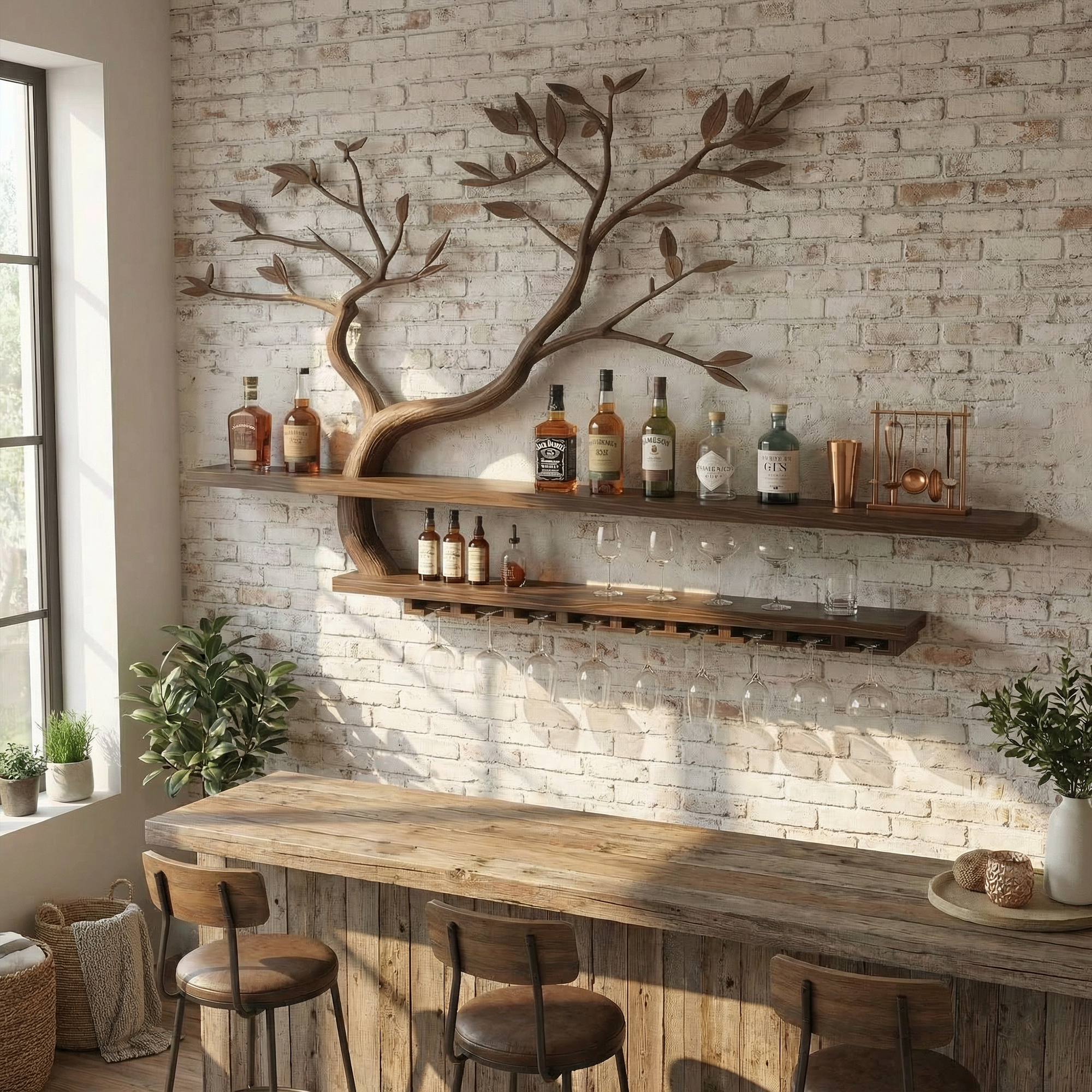 Nature Inspired Tree Branch Wine Rack Wooden Wall Bar Shelf Bottle Display SINLKIWR012