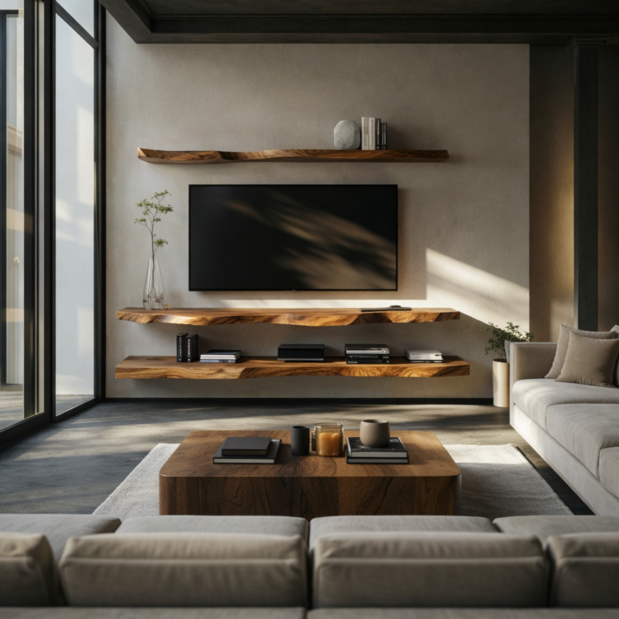 Rustic Live Edge Floating Media Shelf Solid Wood Living Room Interior Wall Mounted SINLKIFL426