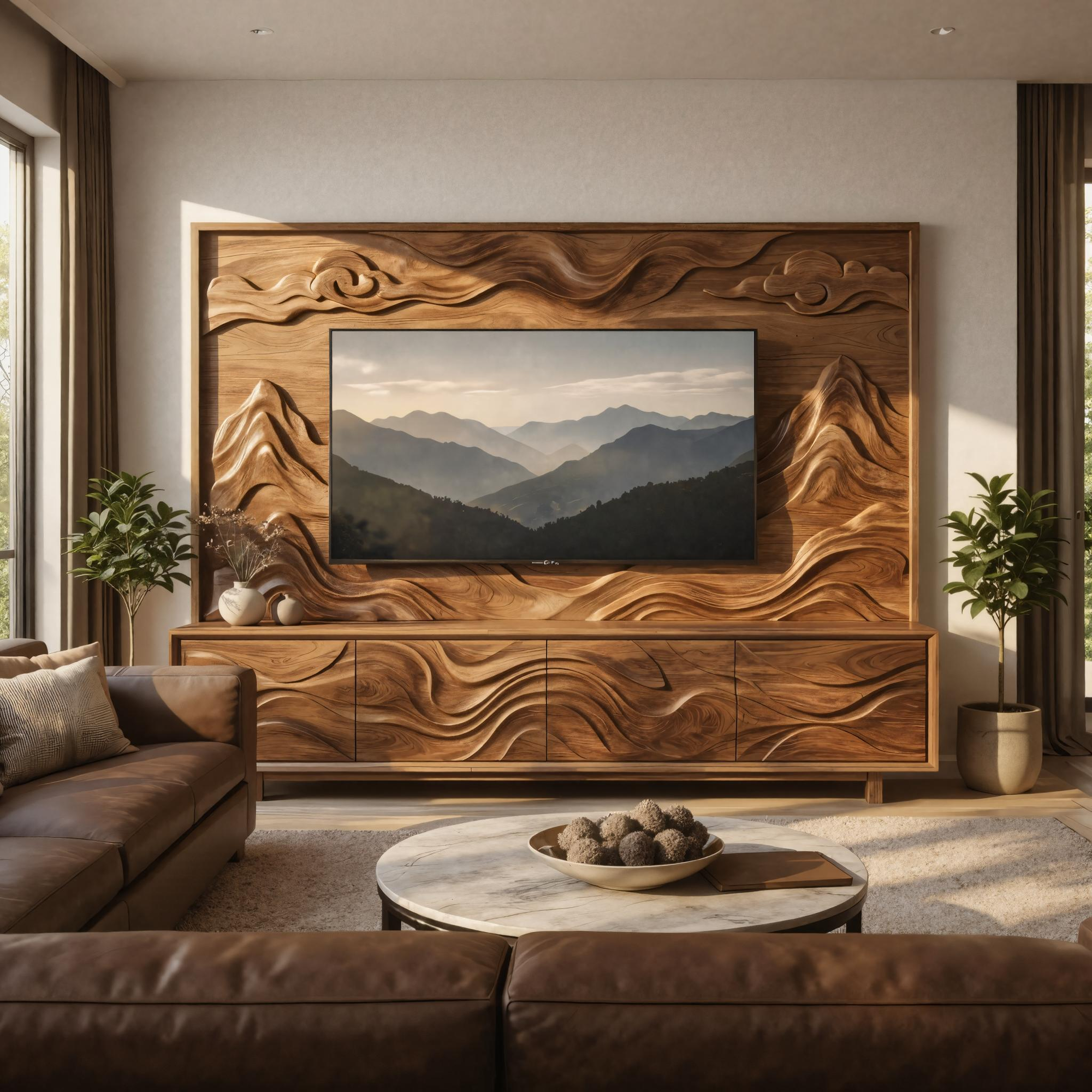 Organic Sculptural TV Cabinet And Wood Wall Panel Set Living Room SINLKISC501