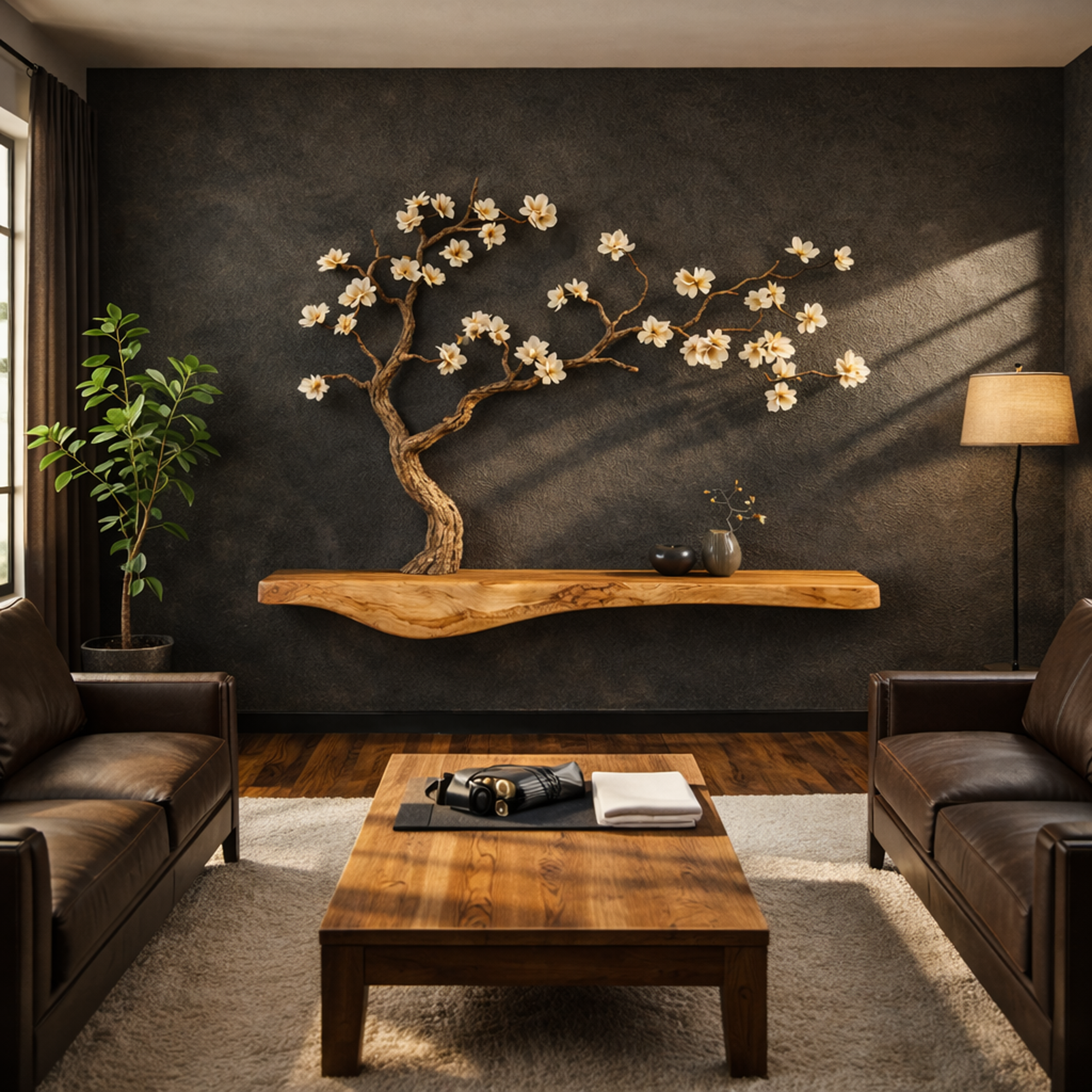 Rustic Tree Inspired Wall Shelf Solid Wood For Japandi Style Room SINLKIFL257