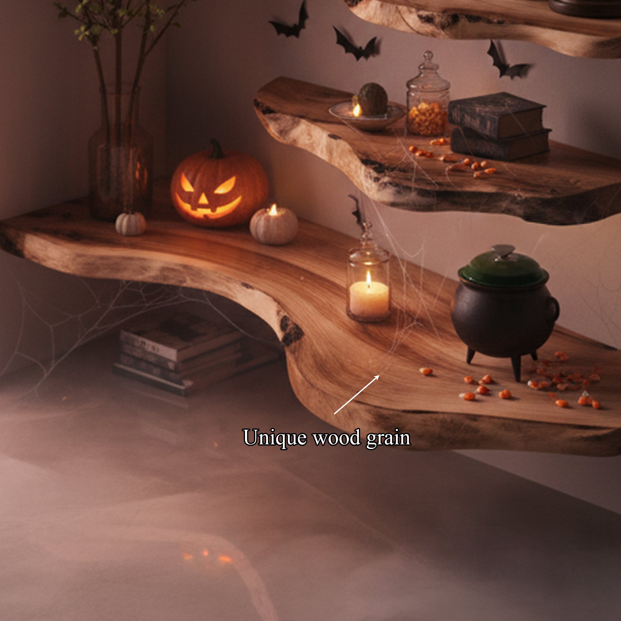Mid Century Halloween Floating Shelf Natural Wood Wall Decor SINLKIHW044