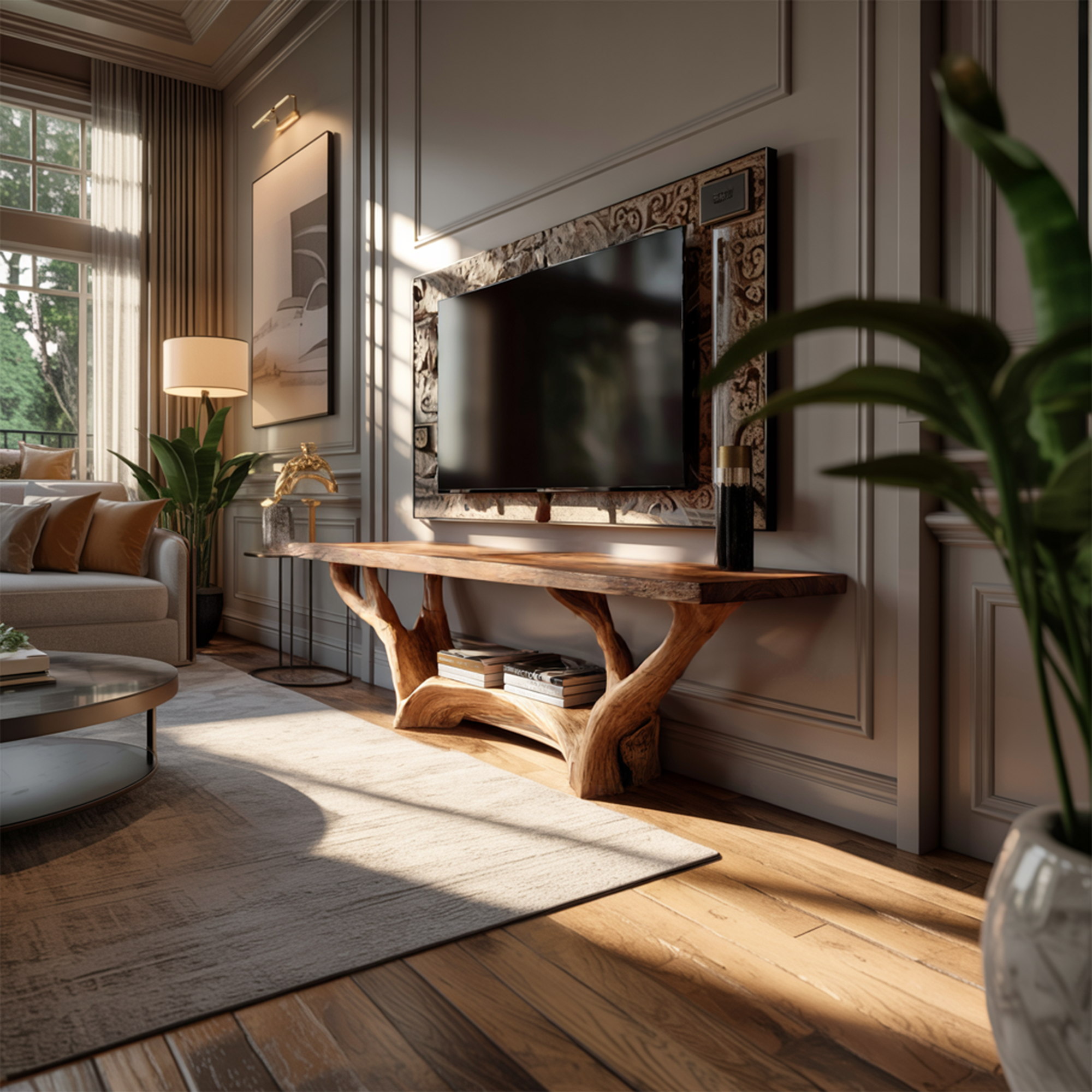 Rustic TV Console Sculpted Wood Base Living Room Display SINLKICS414