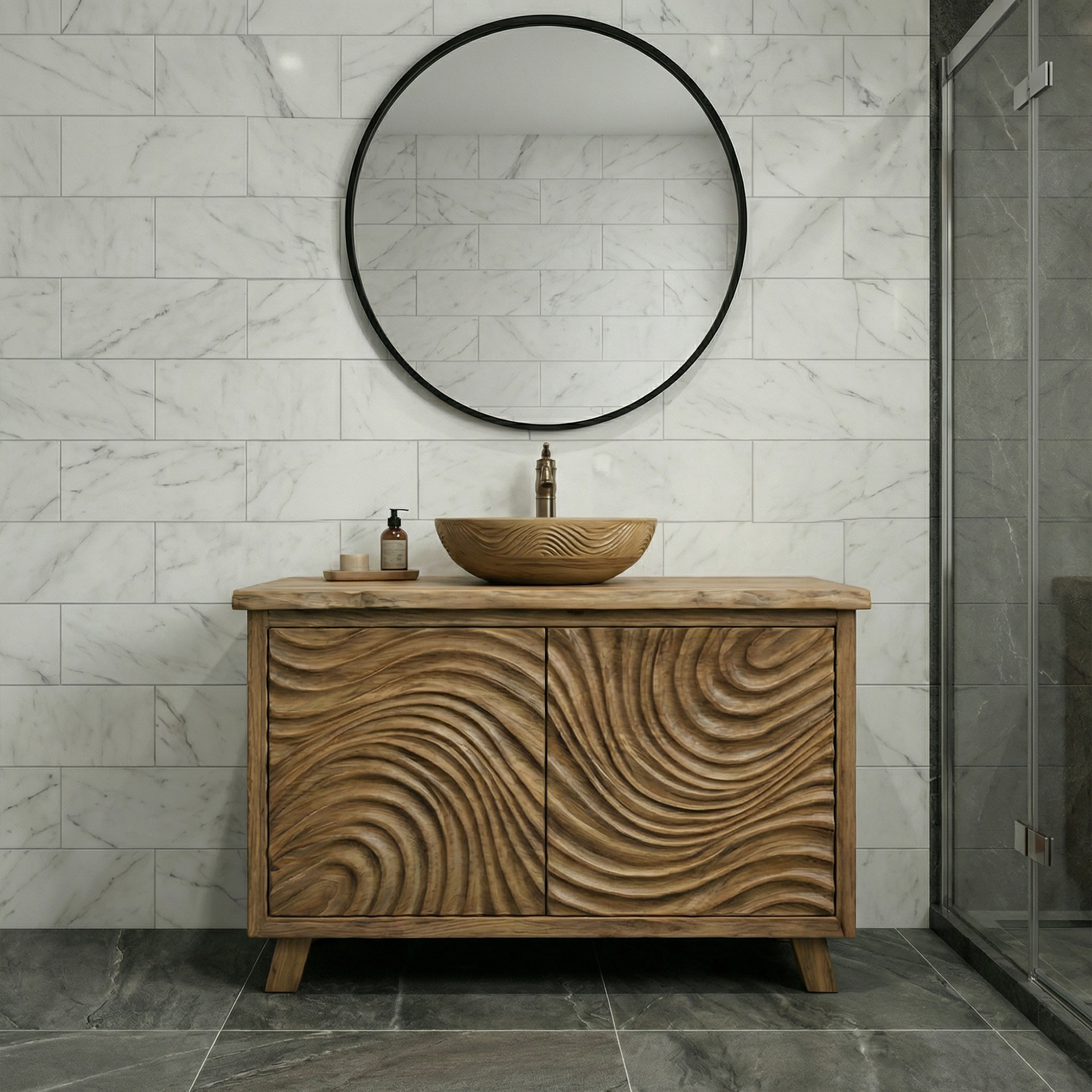 Modern Wave Carved Solid Wood Bathroom Vanity Freestanding Cabinet SINLKIBRV282