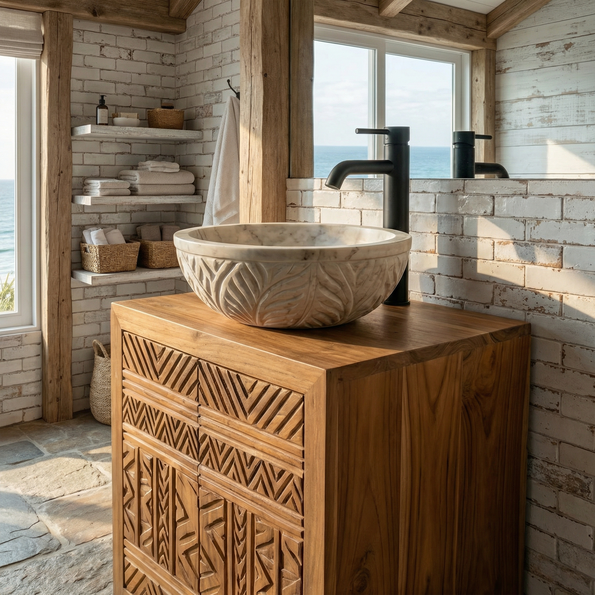 Tribal Geometric Solid Wood Bathroom Vanity Compact Storage Cabinet SINLKIBRV281