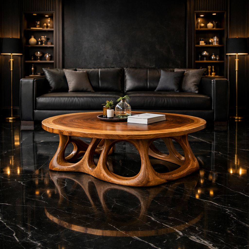 Round Sculpted Solid Wood Coffee Table Organic Balance Modern Living Room Interior SINLKICF307