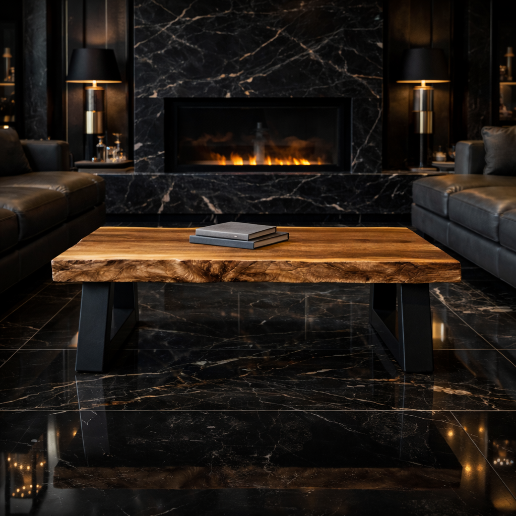 Industrial Live Edge Solid Wood Coffee Table Bold Contrast Black Base Modern Living Room Interior SINLKICF294