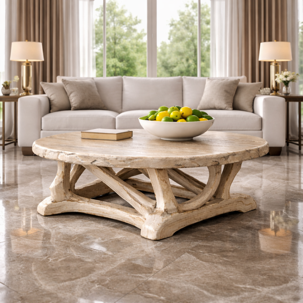 Handcrafted Driftwood Style Round Coffee Table Sculptural Coastal Living Room Interior SINLKICF293