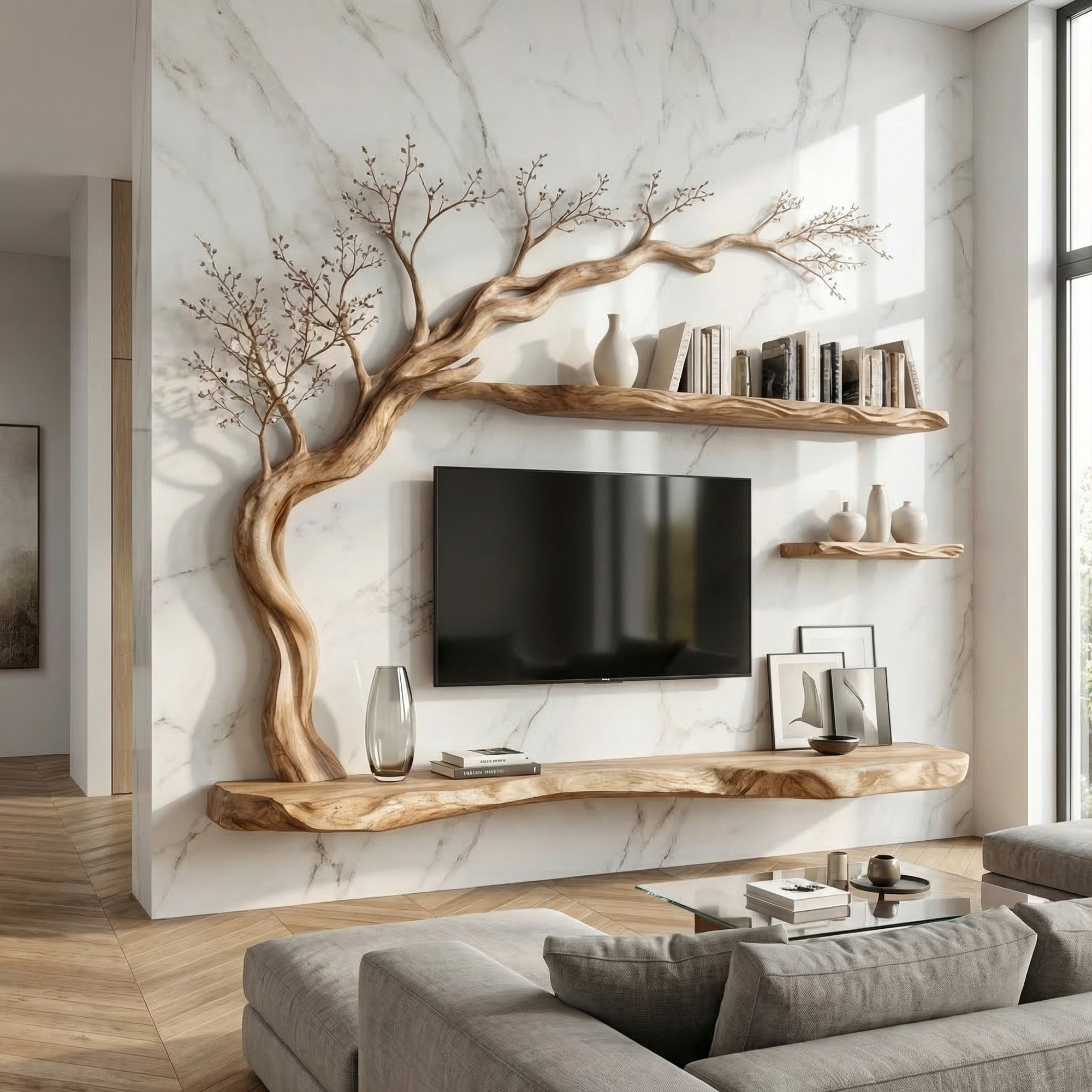 Rustic Tree TV Wall Shelf For Living Room And Lounge SINLKITS001