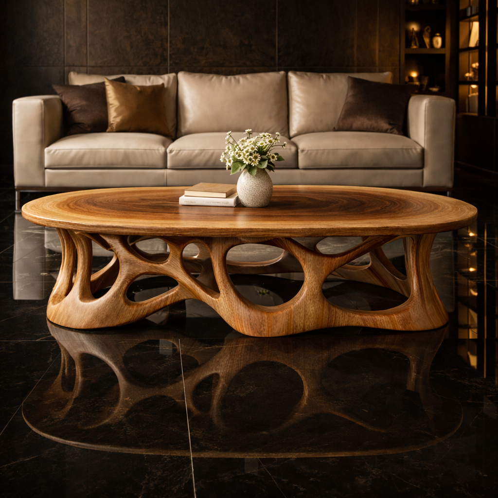 Sculpted Oval Solid Wood Coffee Table Organic Flow Modern Living Room Interior SINLKICF306