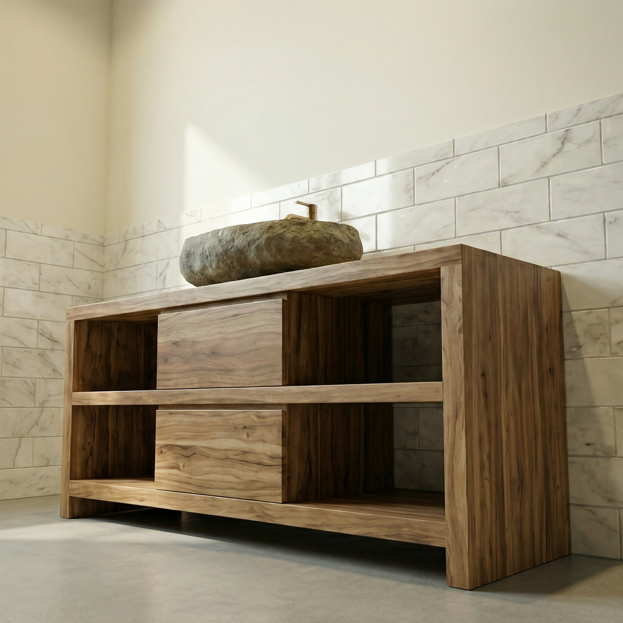 Modern Minimal Solid Wood Bathroom Vanity Open Shelf Storage Cabinet SINLKIBRV273
