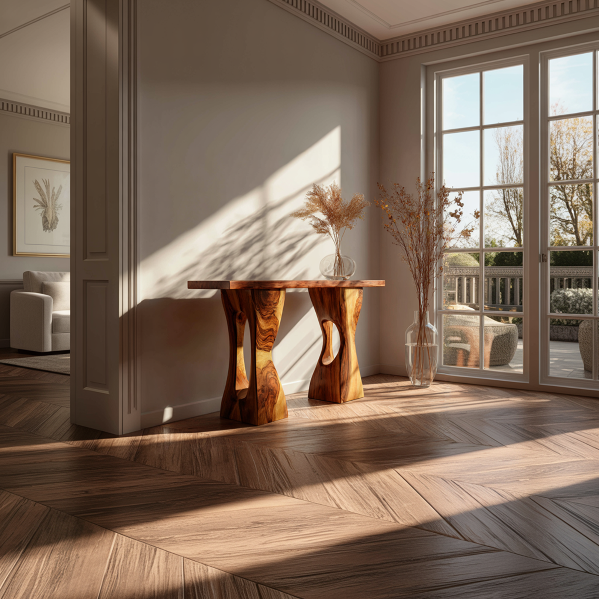 Mid Century Modern Console Wavy Carved Wood Entry Hall SINLKICS407