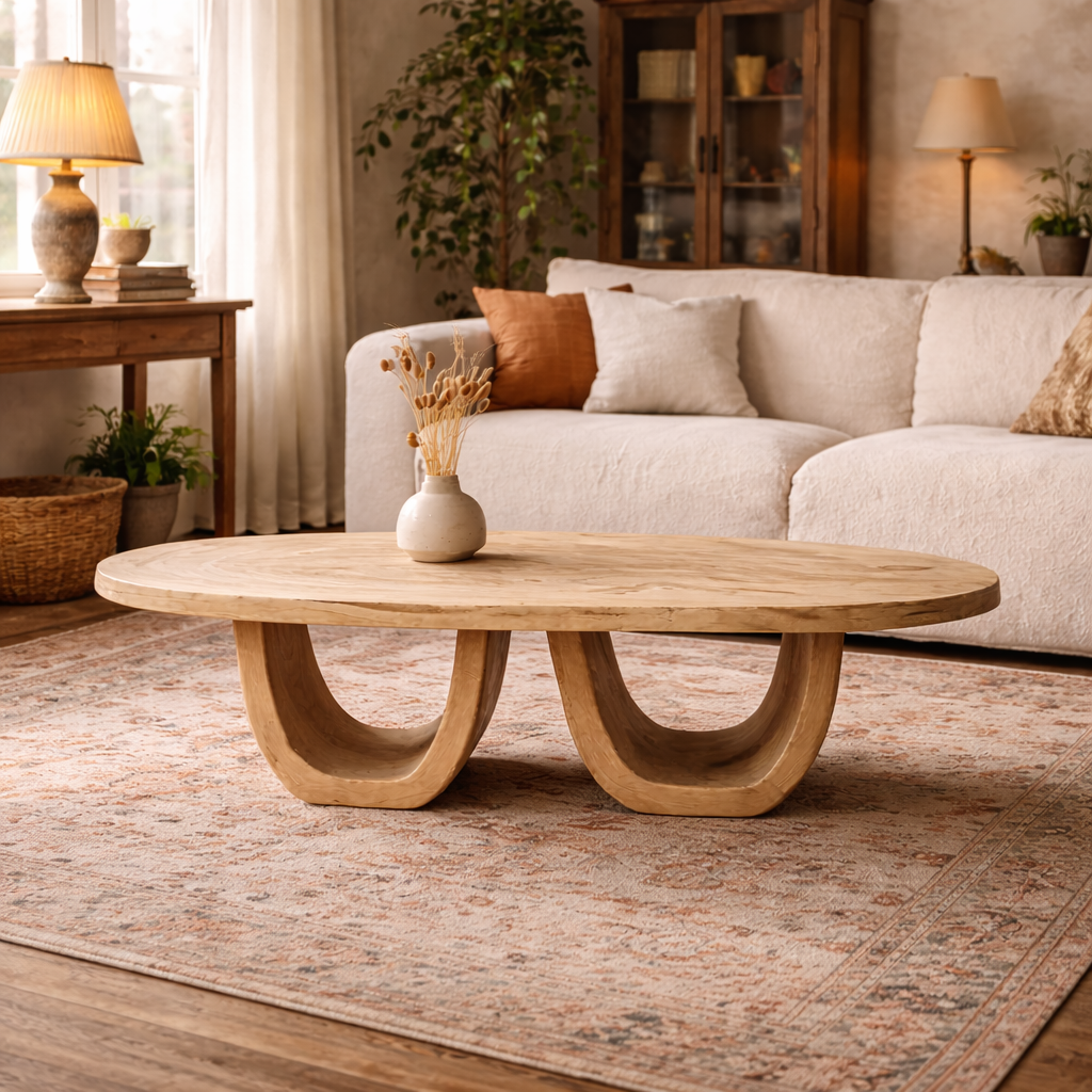 Elegant Oval Solid Wood Coffee Table Sculptural Twin Base Calm Modern Living Room Interior SINLKICF298