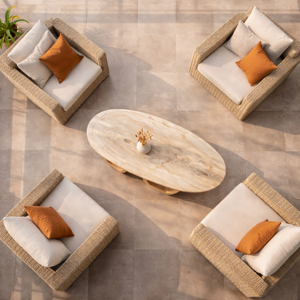 Elegant Oval Solid Wood Coffee Table Sculptural Twin Base Calm Modern Living Room Interior SINLKICF298