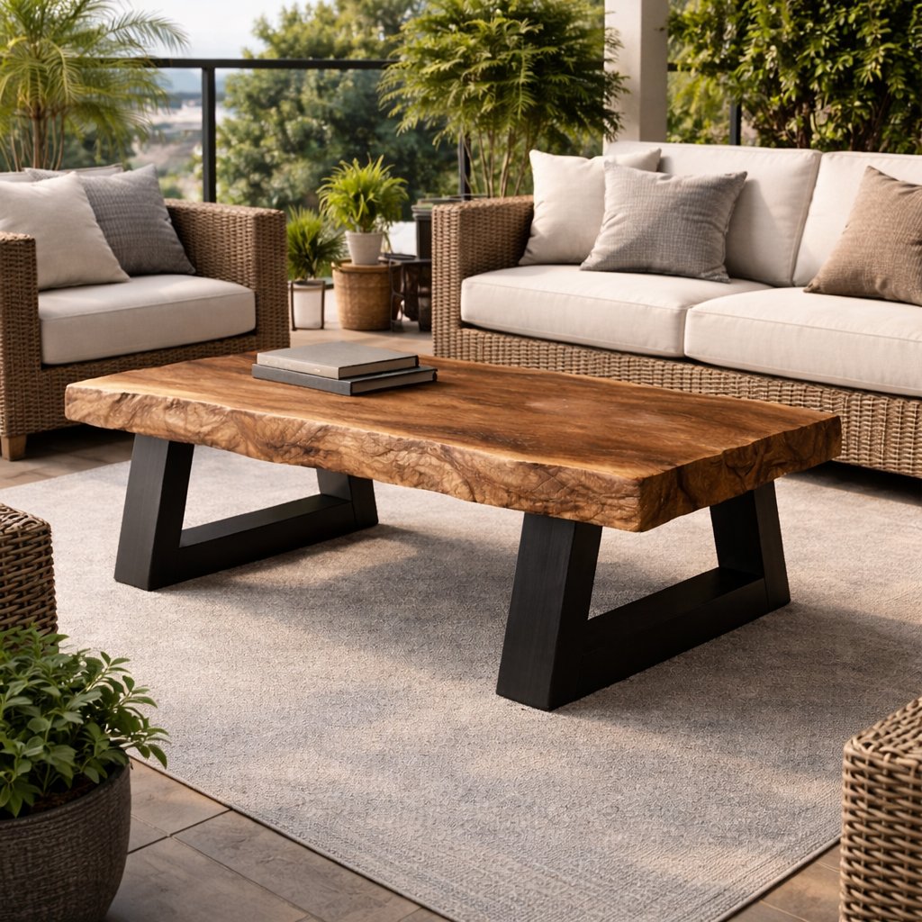 Industrial Live Edge Solid Wood Coffee Table Bold Contrast Black Base Modern Living Room Interior SINLKICF294