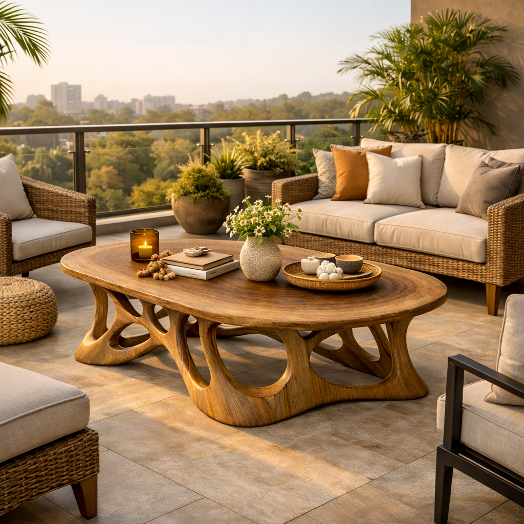 Sculpted Oval Solid Wood Coffee Table Organic Flow Modern Living Room Interior SINLKICF306