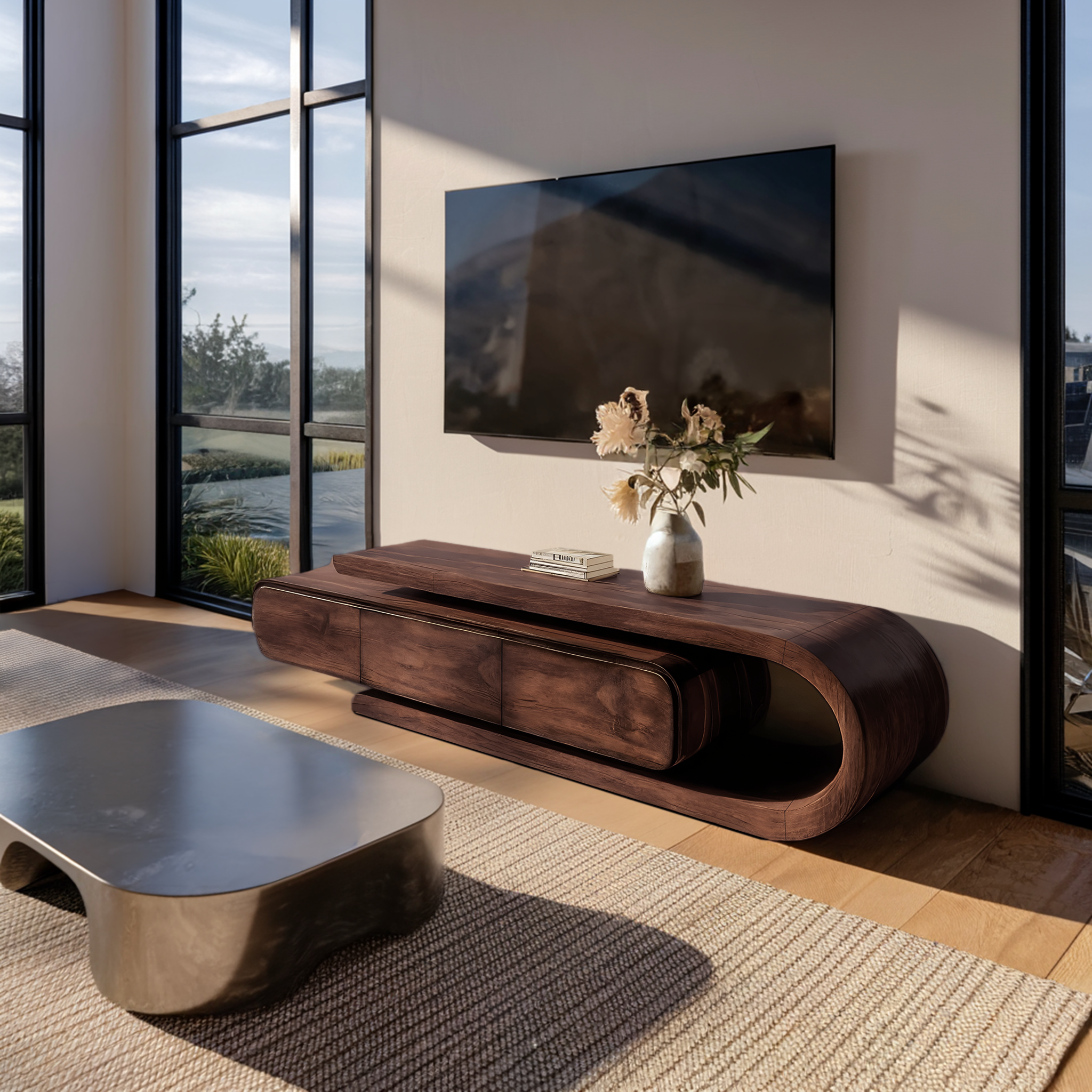 Contemporary Curved Wooden TV Console For Living Room RTTHHNTVC065
