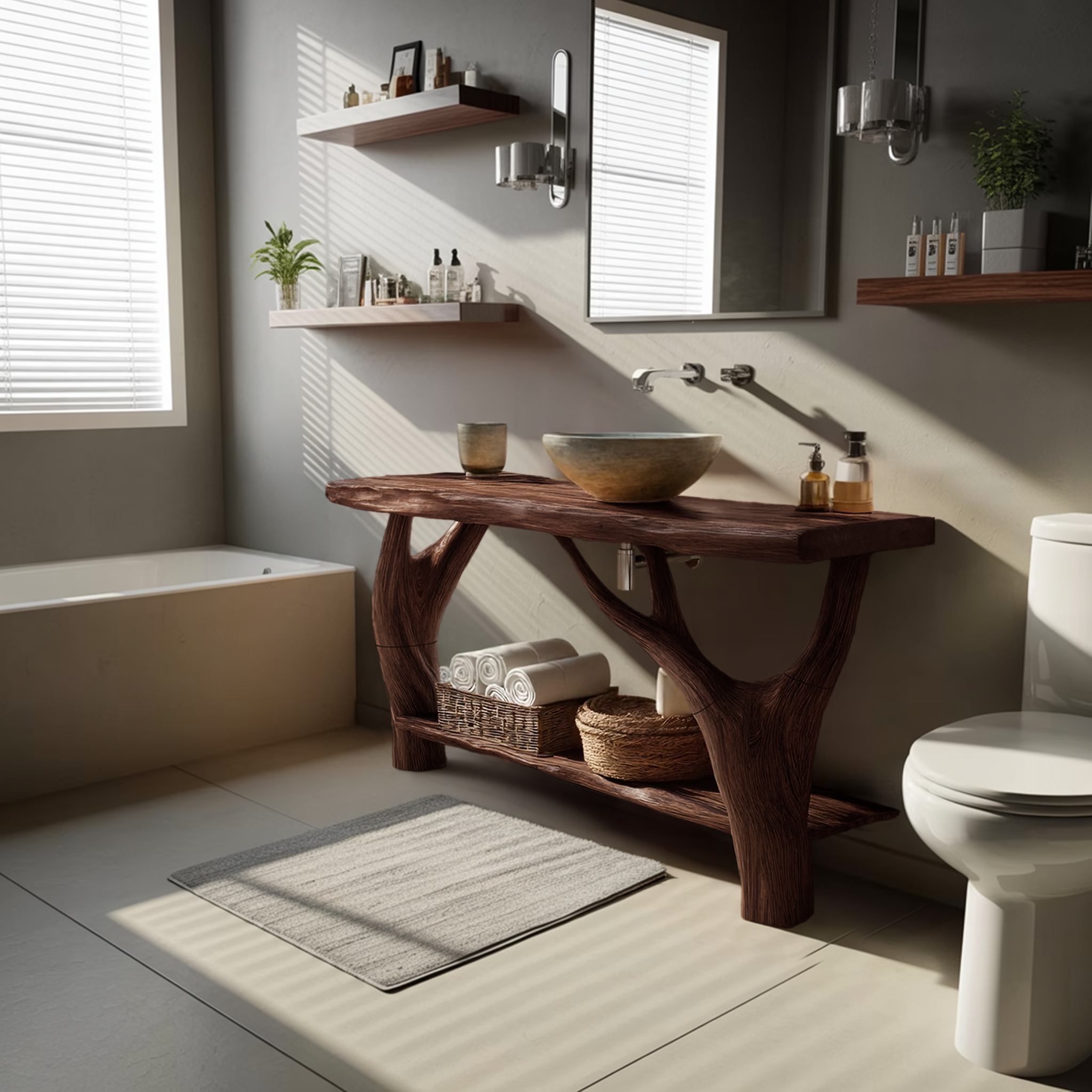 Mid Century Solid Wood Bathroom Vanity Organic Live Edge For Home Bath SILDTTRBRV103