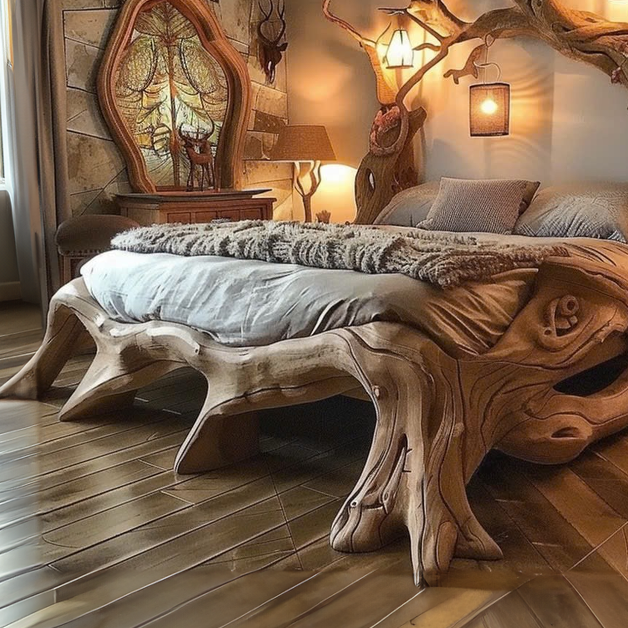 Rustic Solid Wood Bed Frame Queen Bed Vintage Housewarming Gift SINLWB003