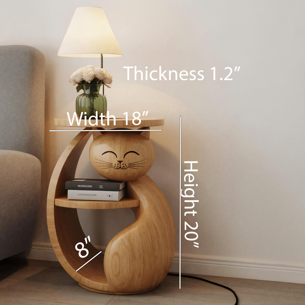 Whimsical Cat Shaped Wooden Side Table With Shelf For Bedroom Or Kids Room SITHHNSTA003