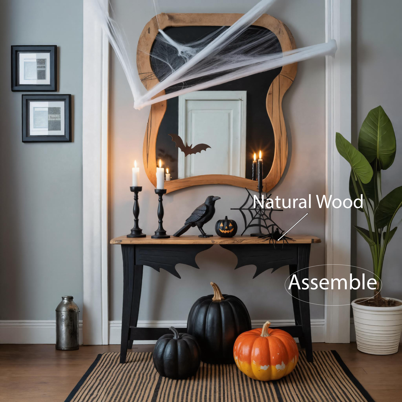 Halloween Wooden Console Table With Bat Wing Carving For Haunted House Decor SITHHNHW003