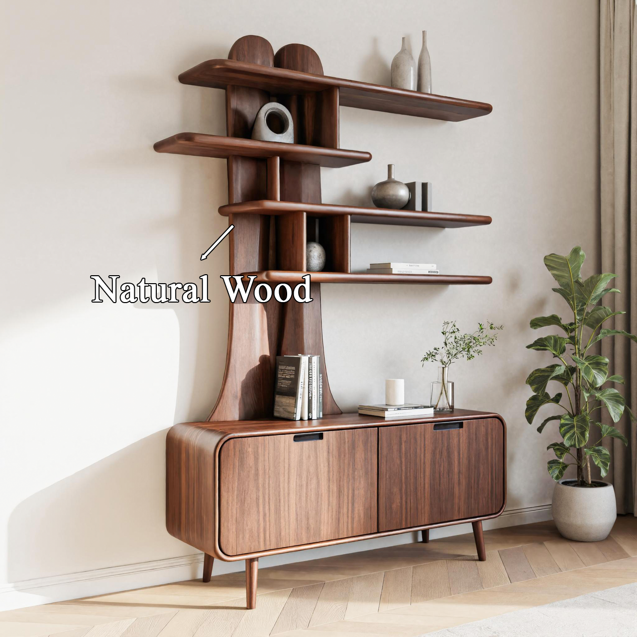 Mid Century Modern Wooden Bookshelf With Storage Cabinet For Living Room Or Study SITHTTBS019