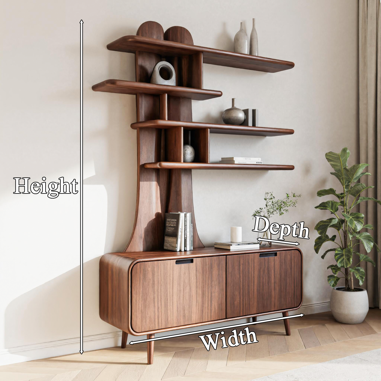 Mid Century Modern Wooden Bookshelf With Storage Cabinet For Living Room Or Study SITHTTBS019