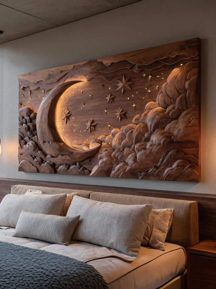 Hand Carved Wall Art Moon And Stars Panel With LED For Bedroom SITHHNWA017