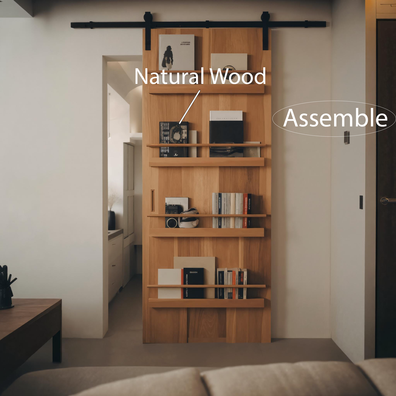 Minimalist Wooden Sliding Door With Bookshelf For Modern Living Room Or Studio SITHHNDOR005