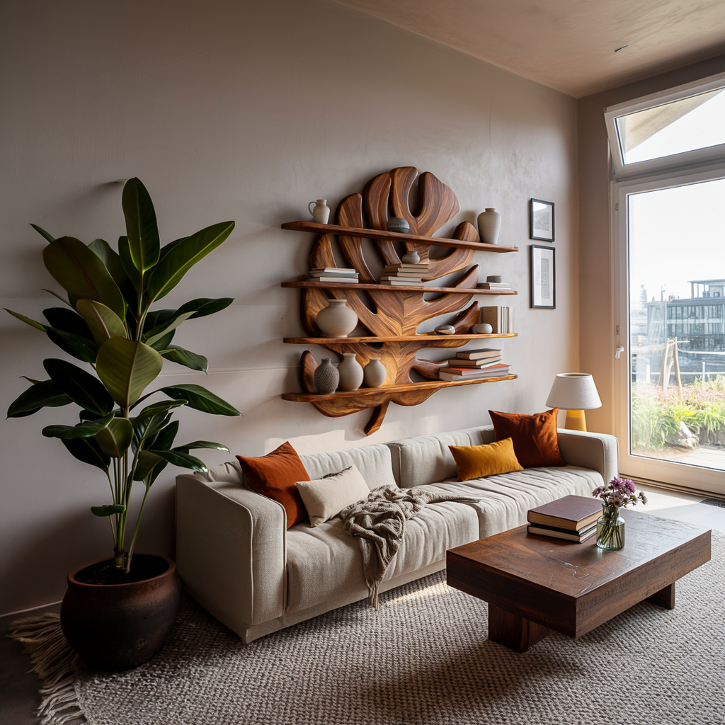 Modern Wooden Tropical Monstera Leaf Floating Bookshelf For Office RTTHTTBS088