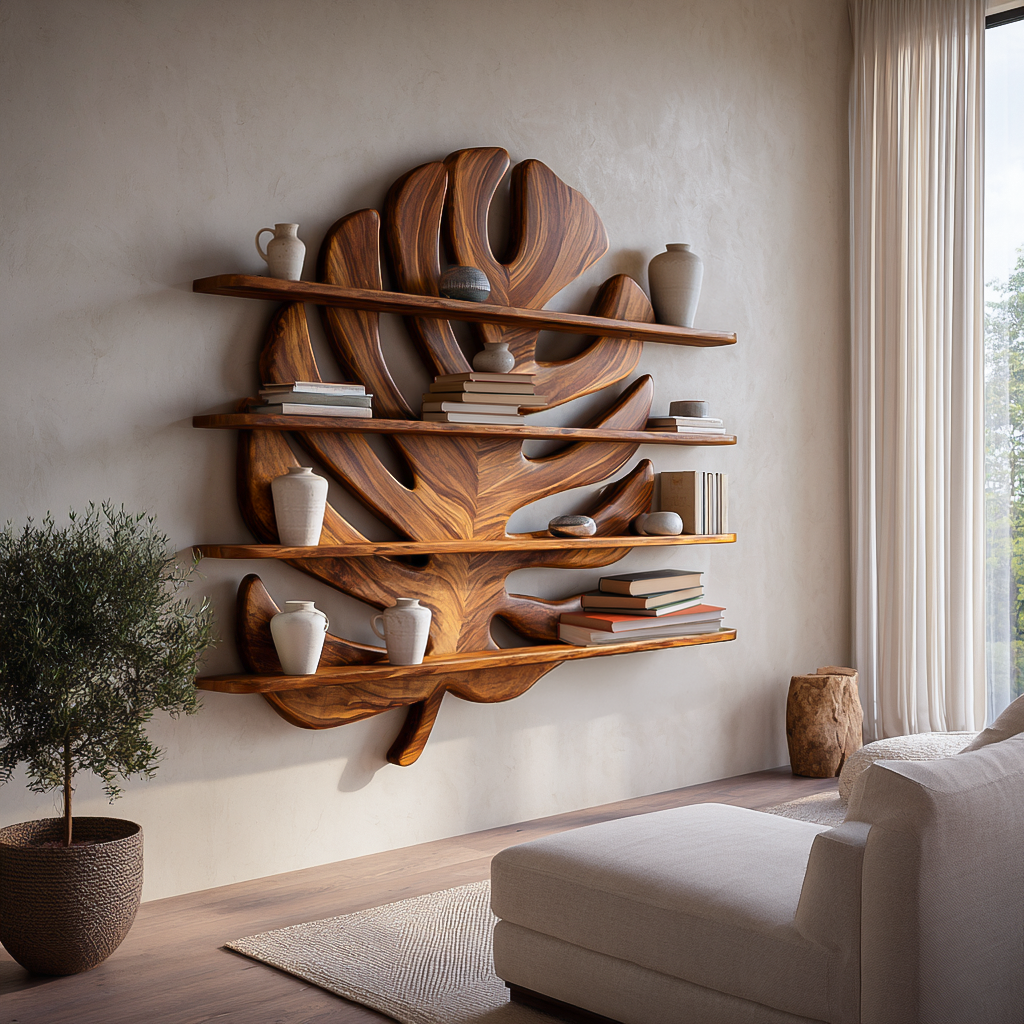 Modern Wooden Tropical Monstera Leaf Floating Bookshelf For Office RTTHTTBS088