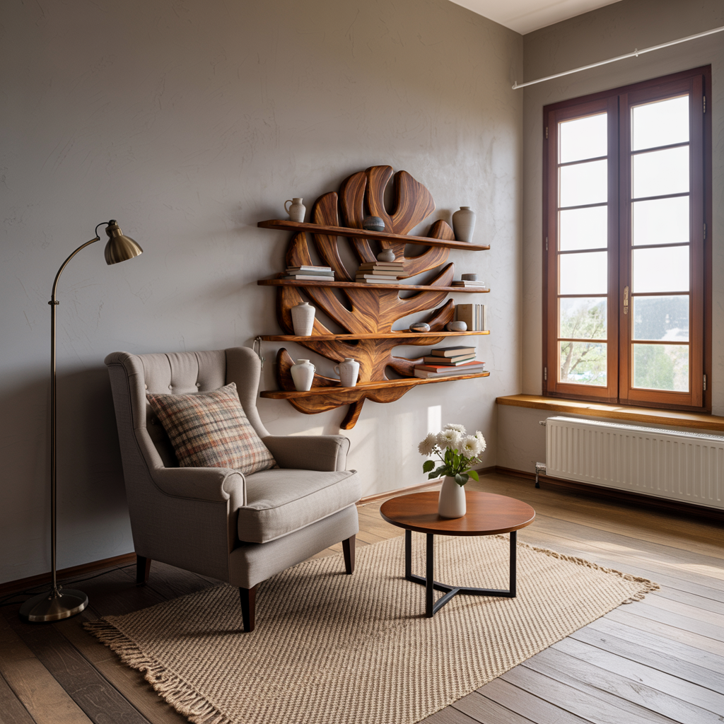 Modern Wooden Tropical Monstera Leaf Floating Bookshelf For Office RTTHTTBS088