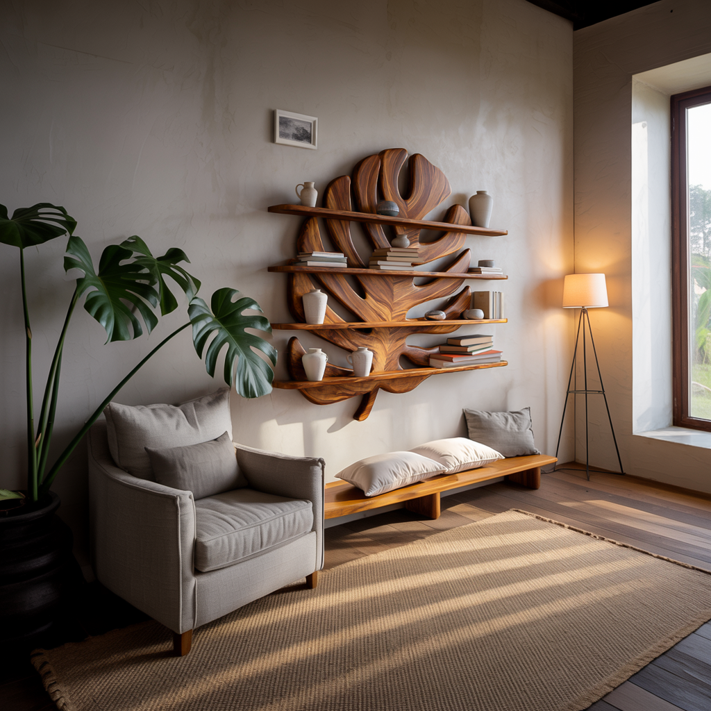 Modern Wooden Tropical Monstera Leaf Floating Bookshelf For Office RTTHTTBS088