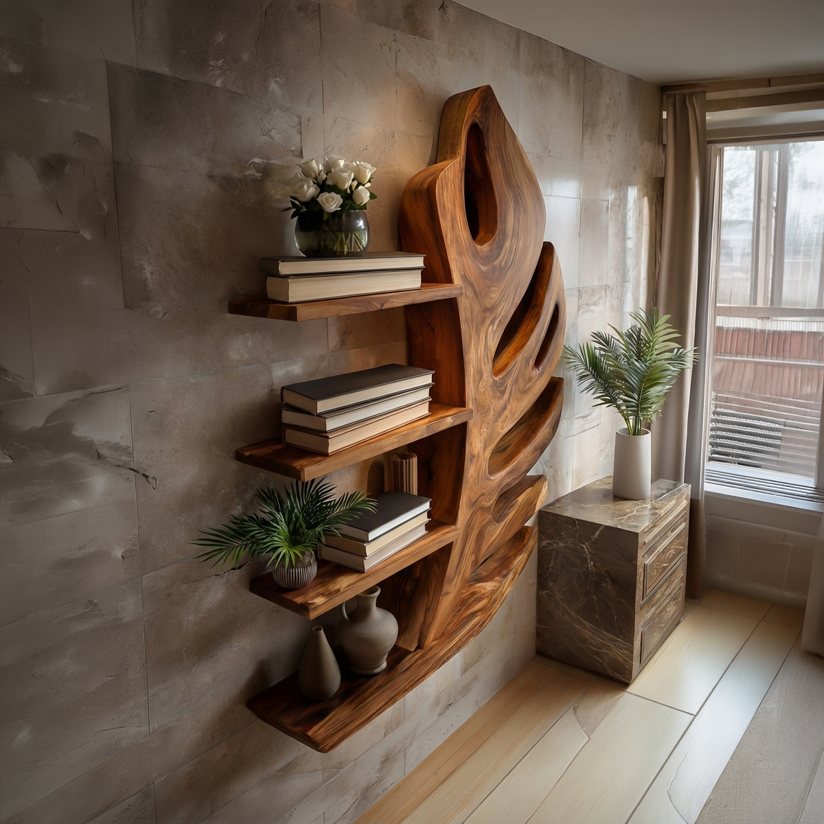 Organic Wooden Botanical Leaf Floating Bookshelf For Living Furniture RTTHTTBS097