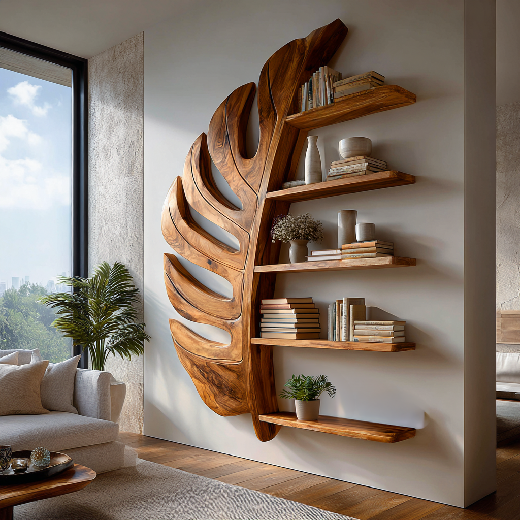Artistic Wooden Leaf Statement Wall Bookshelf For Elegant Interiors RTTHTTBS093