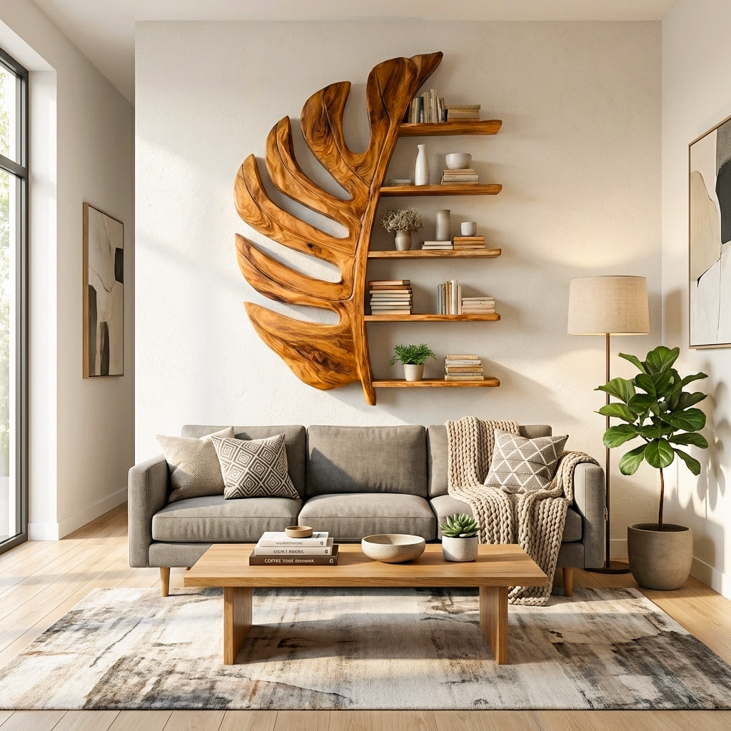 Artistic Wooden Leaf Statement Wall Bookshelf For Elegant Interiors RTTHTTBS093