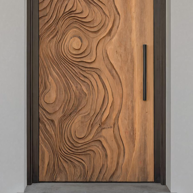 Sculptural Wood Front Door with Carved Grain Pattern For Entryway Foyer Or Modern Home SITHHNDOR011
