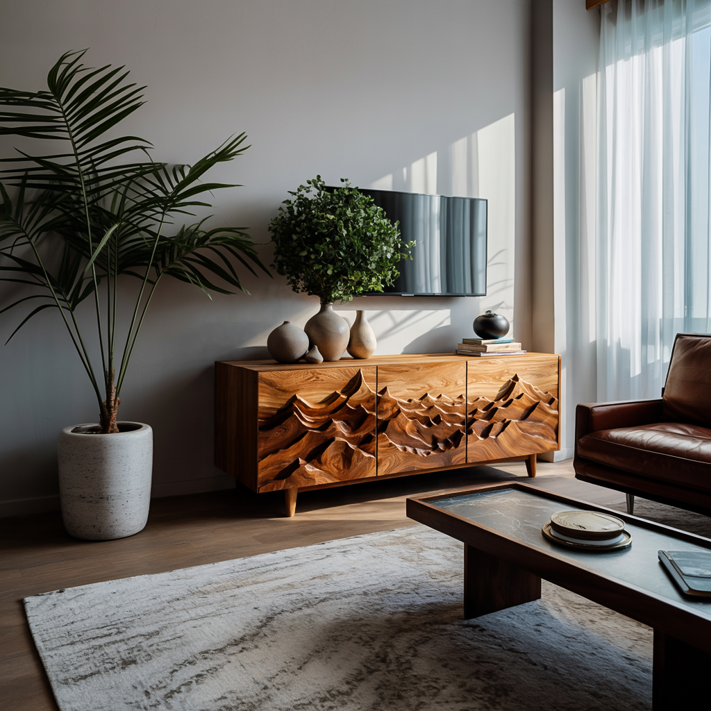 Modern Sideboard With Layered Mountain Carving For Living Room RTTHTTSD046