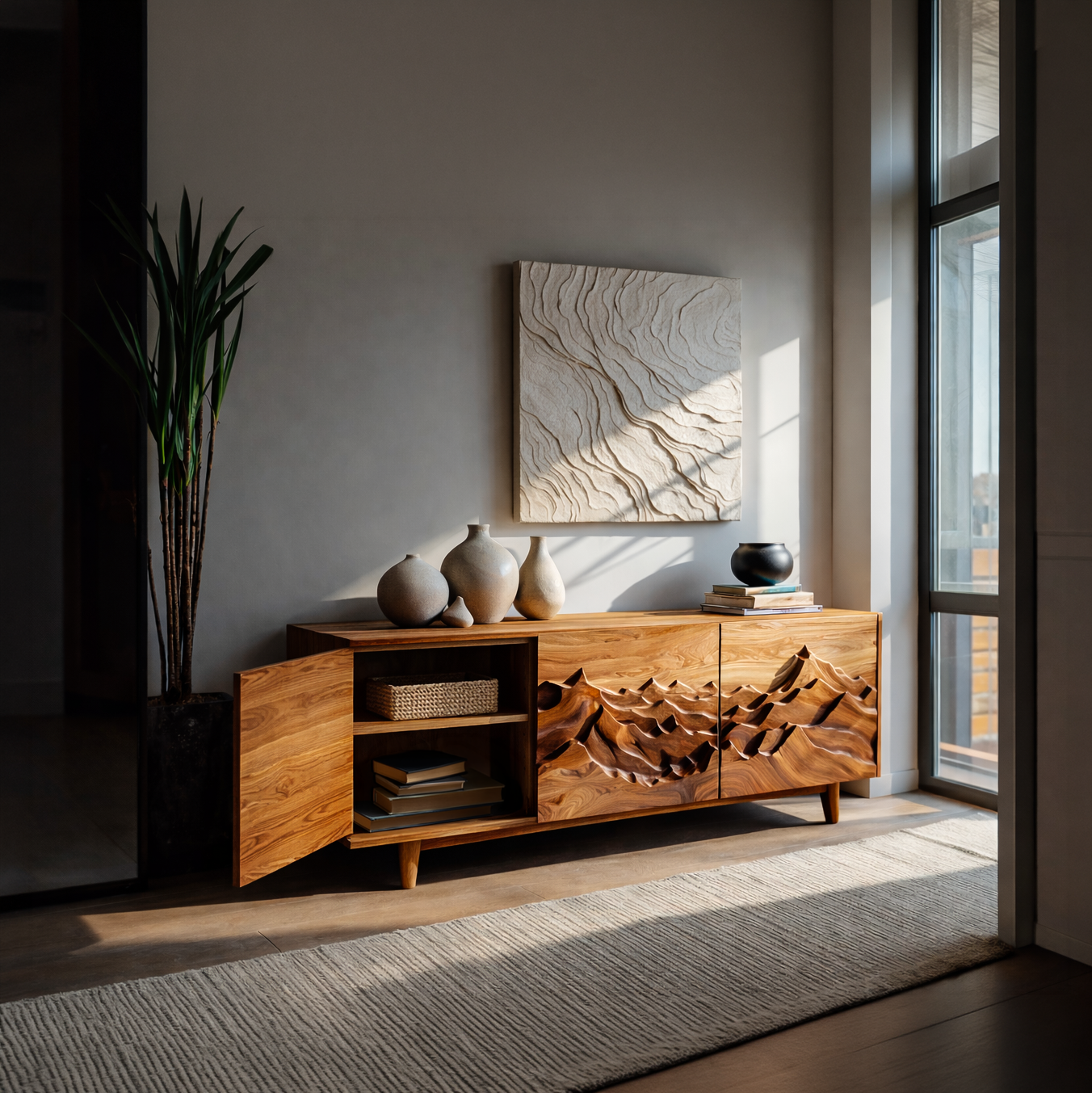 Modern Sideboard With Layered Mountain Carving For Living Room RTTHTTSD046
