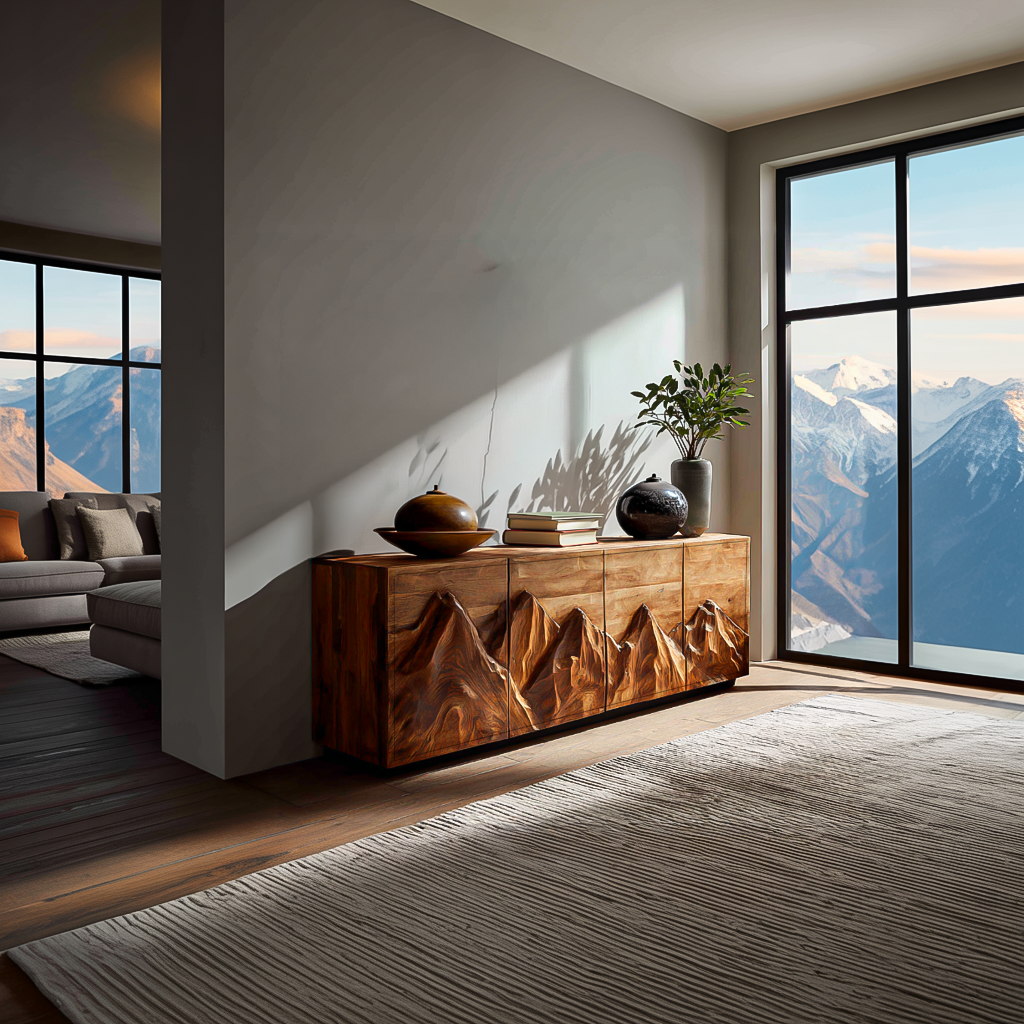 Statement Wooden Sideboard With Mountain Landscape Doors For Interior RTTHTTSD047