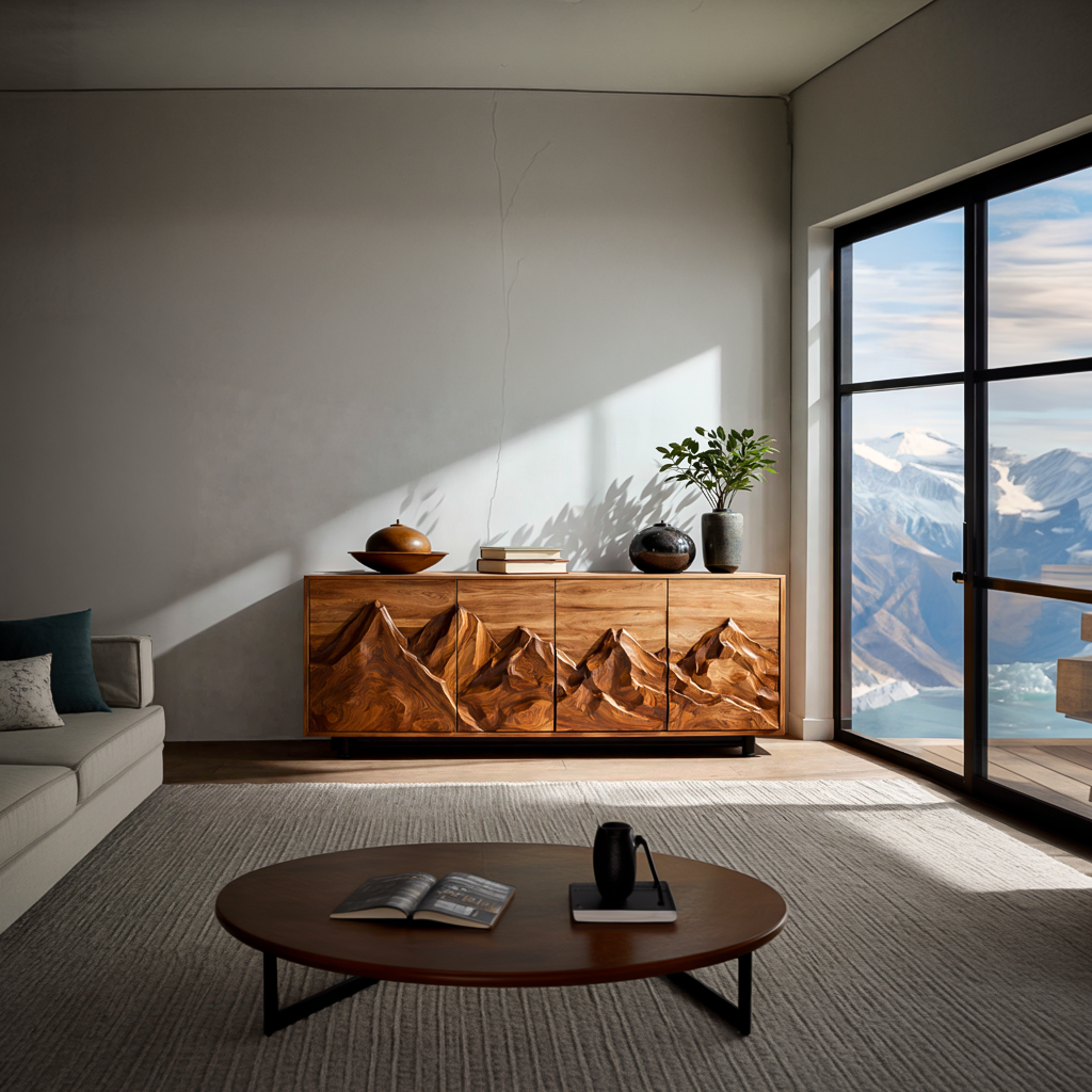 Statement Wooden Sideboard With Mountain Landscape Doors For Interior RTTHTTSD047