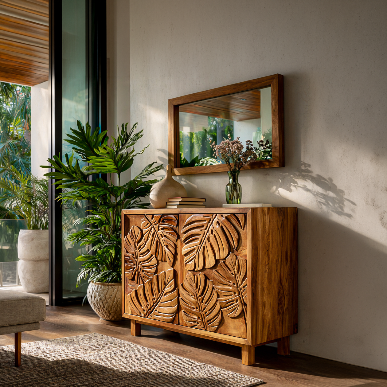 Modern Wooden Sideboard With Leaf Carved Doors For Home RTTHTTSD050