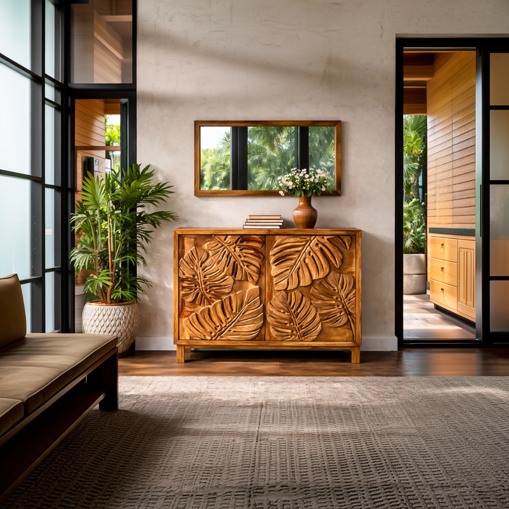 Modern Wooden Sideboard With Leaf Carved Doors For Home RTTHTTSD050