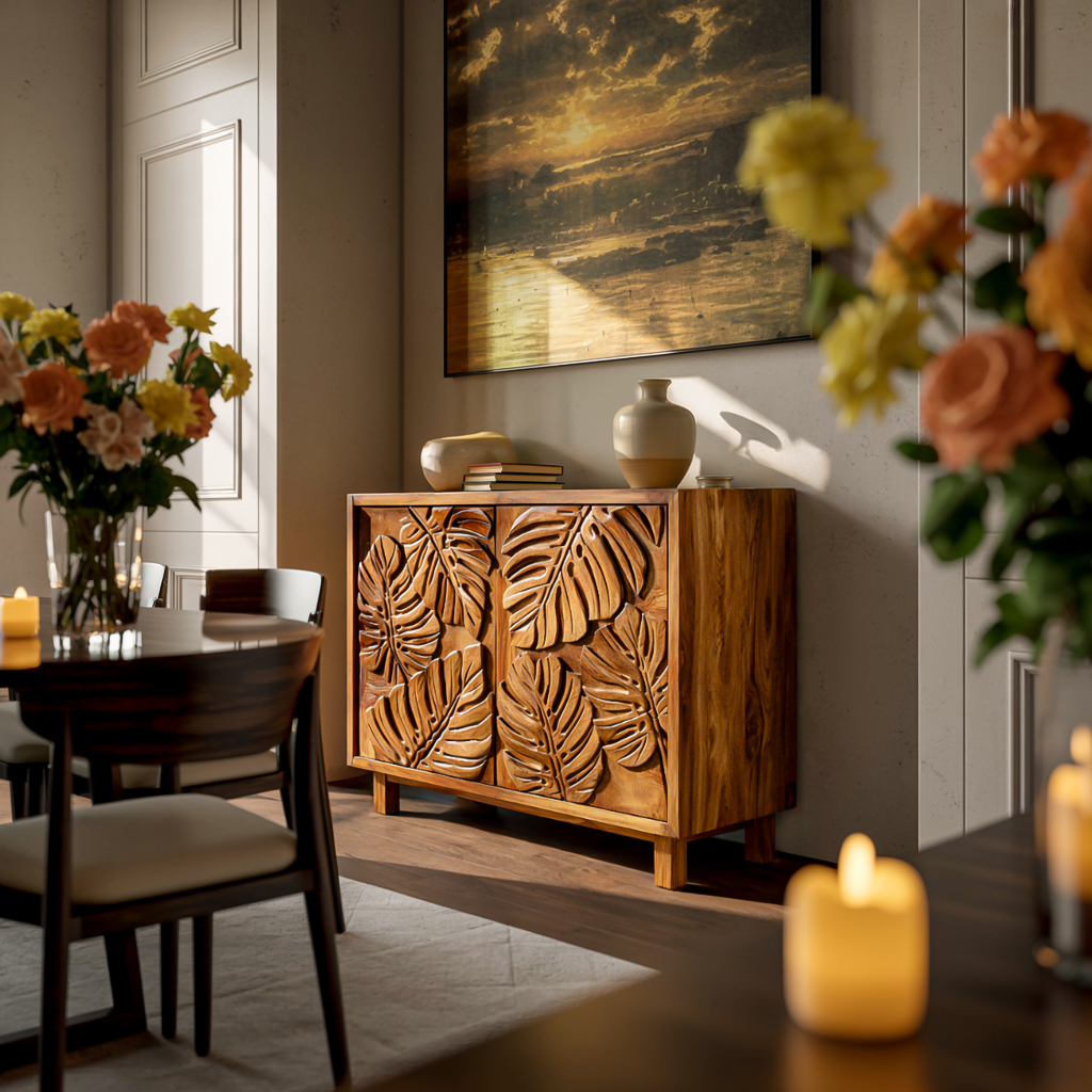 Modern Wooden Sideboard With Leaf Carved Doors For Home RTTHTTSD050