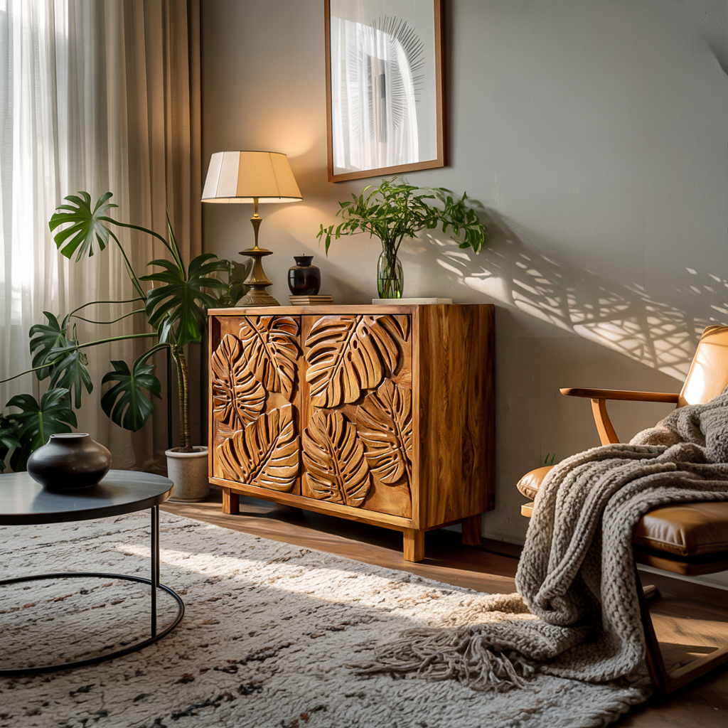 Modern Wooden Sideboard With Leaf Carved Doors For Home RTTHTTSD050