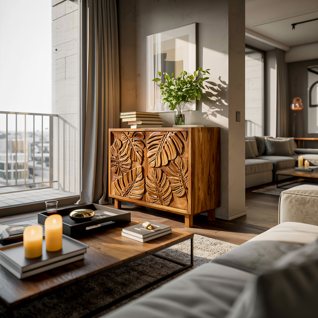 Modern Wooden Sideboard With Leaf Carved Doors For Home RTTHTTSD050