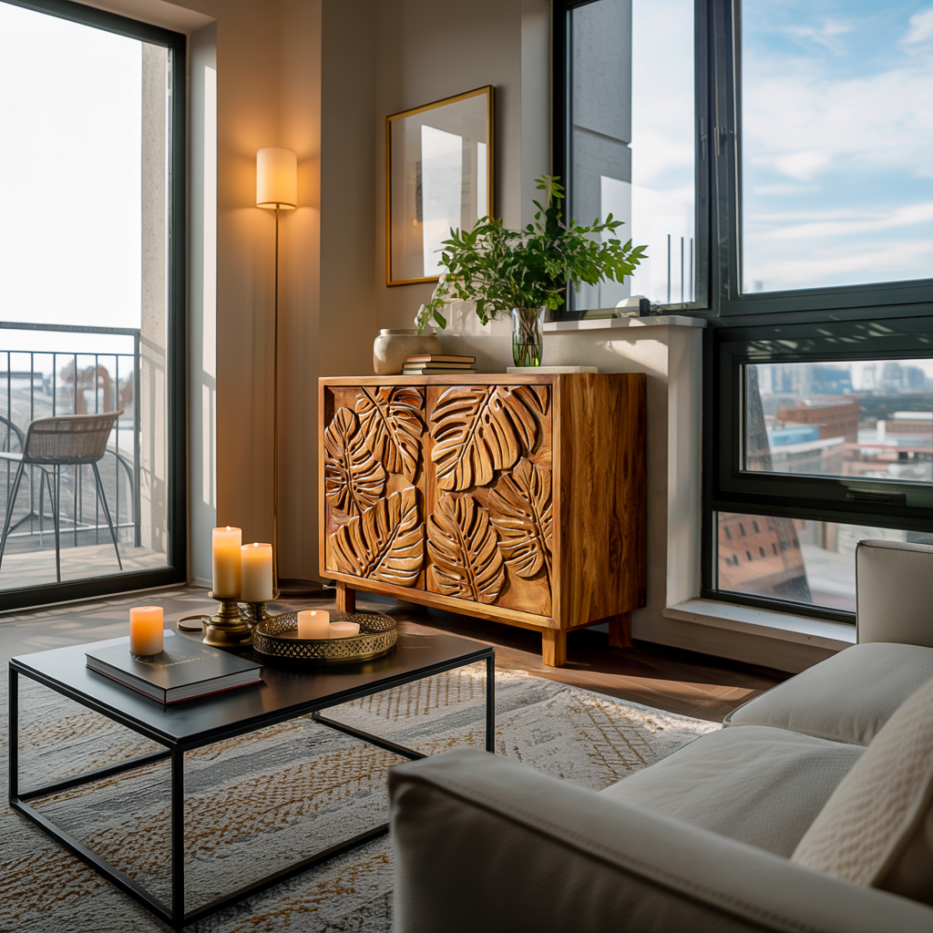 Modern Wooden Sideboard With Leaf Carved Doors For Home RTTHTTSD050