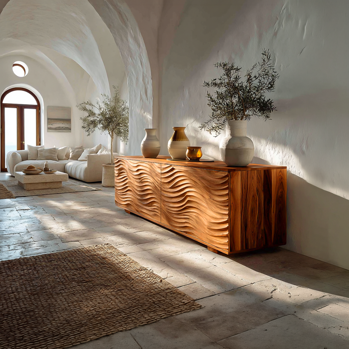 Handcrafted Wooden Sideboard With Sculpted Wave For Living Room RTTHTTSD053
