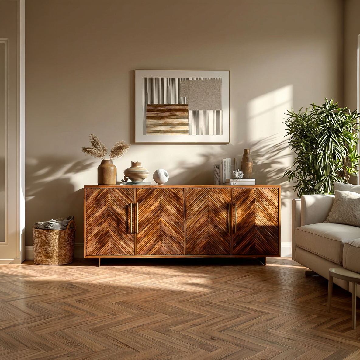 Sculptural Wood Sideboard With Layered Wave For Luxury Home RTTHTTSD059