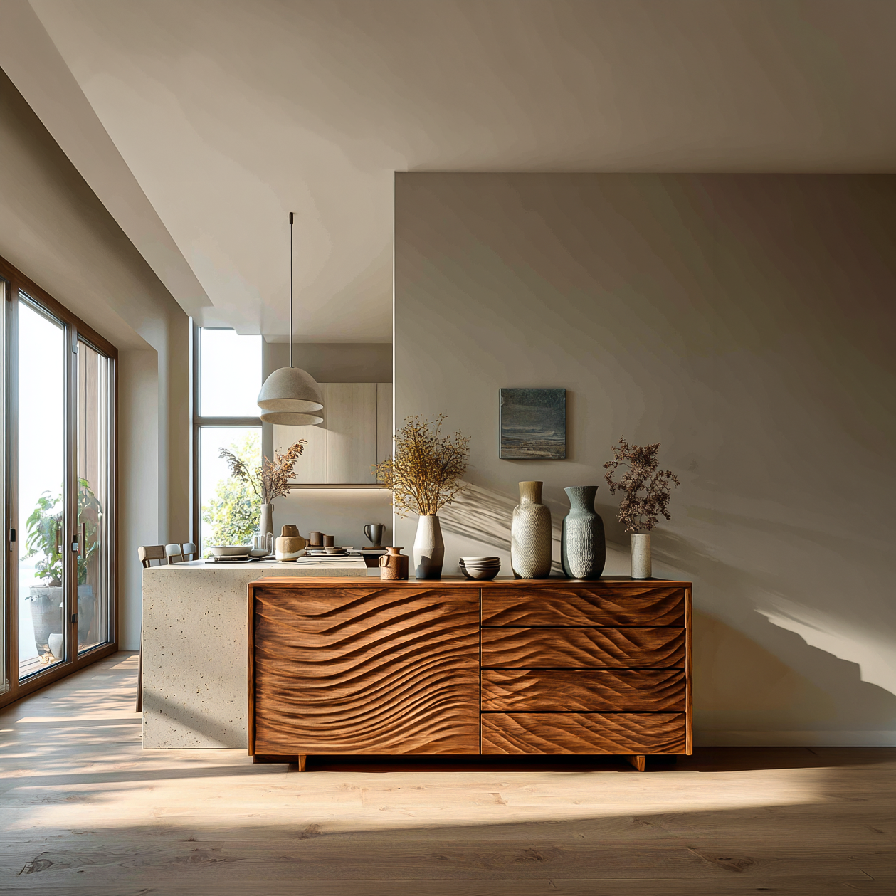Wooden Sideboard With Sculpted Wave Doors For Modern Interior RTTHTTSD061