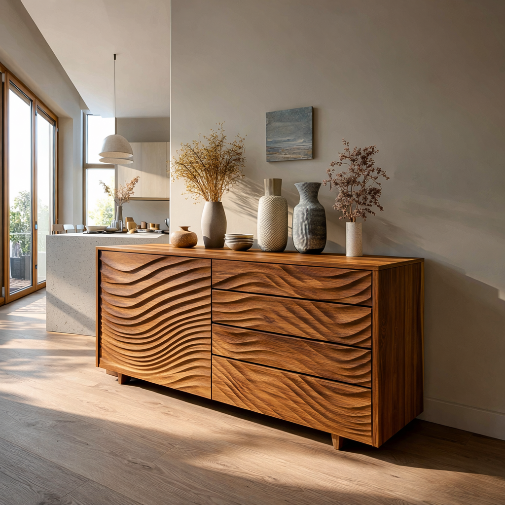 Wooden Sideboard With Sculpted Wave Doors For Modern Interior RTTHTTSD061